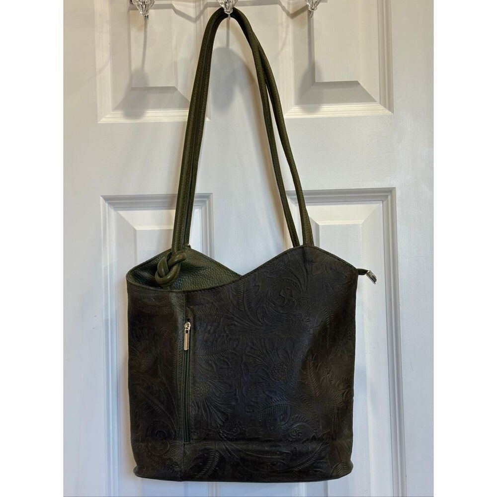 SOLO PERCHE - 🎉HP🎉NWOT "Varese" Tooled Leather Shoulder-to-Backpack/Olive Green - Picture 2 of 16